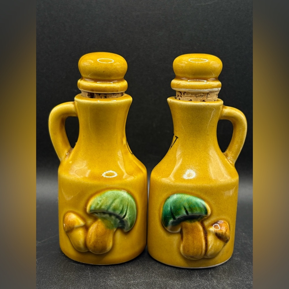 Pair Vintage Hand Painted Ceramic Mushroom Cruets, Cottagecore Whimsical Kitchen